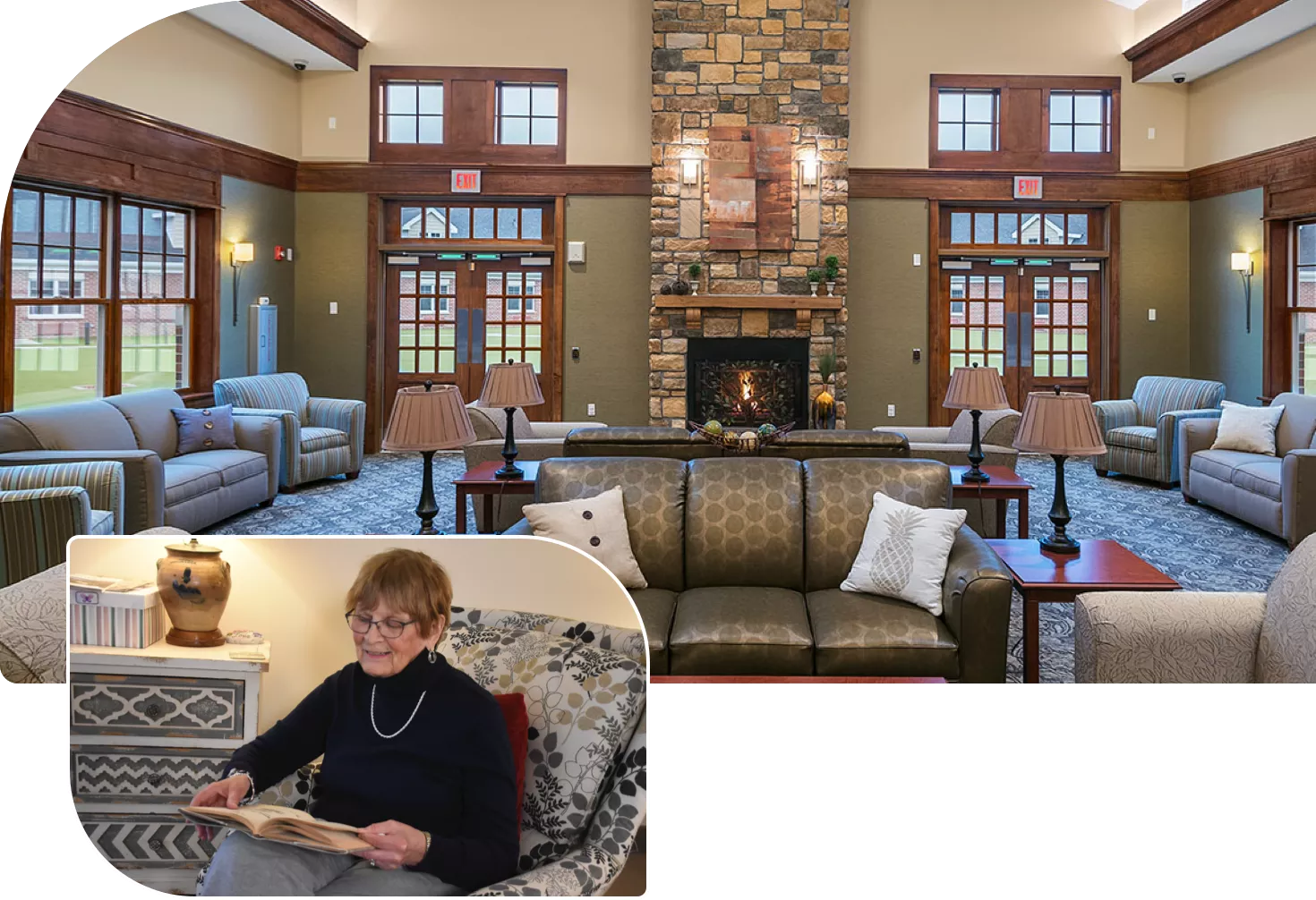 windsor-house-assisted-living-header Collage image of Elderly couple dancing and elegant lounge area with fireplace