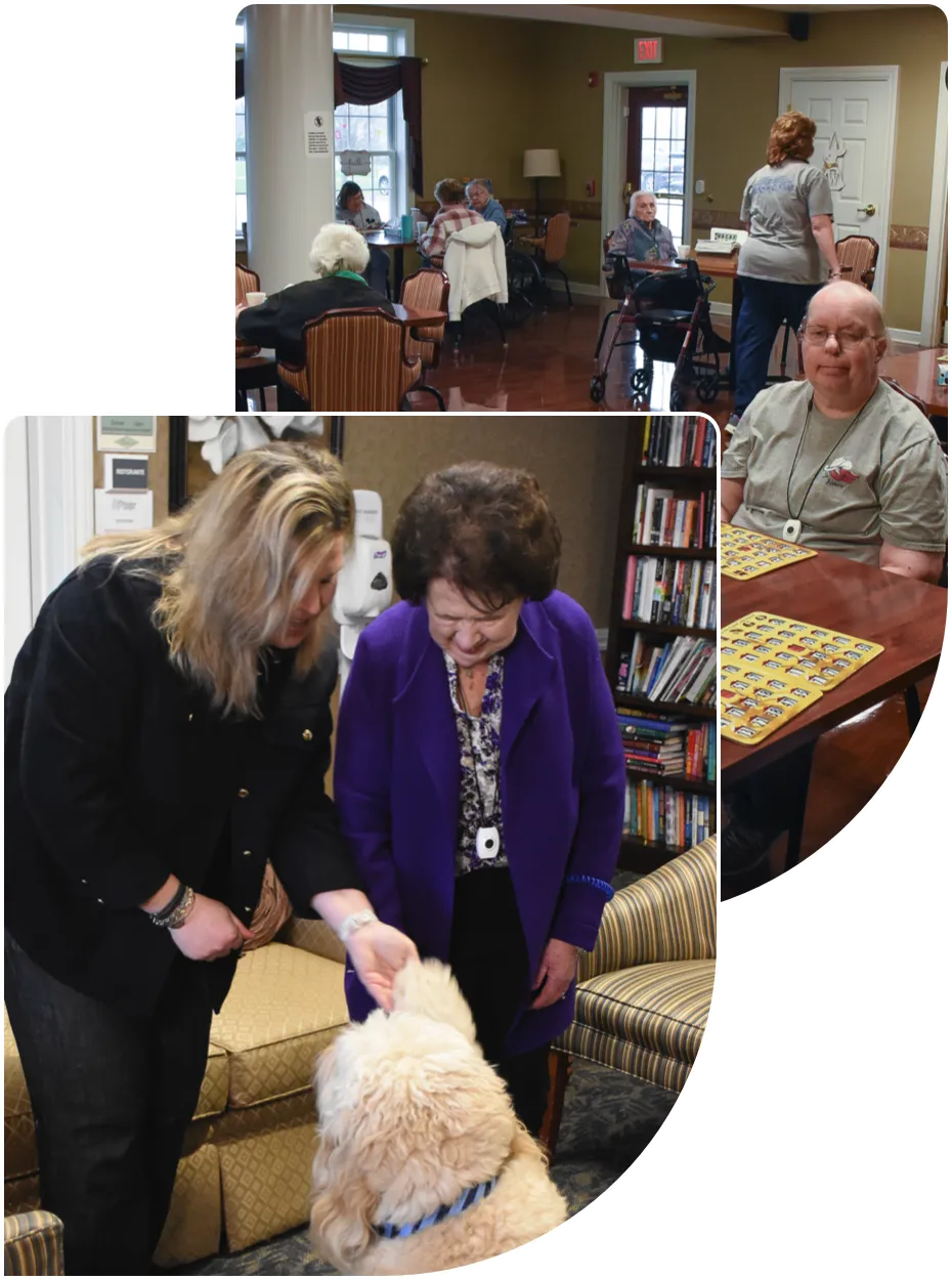 windsor-house-memory-care-collage Child showing heart art to elderly woman