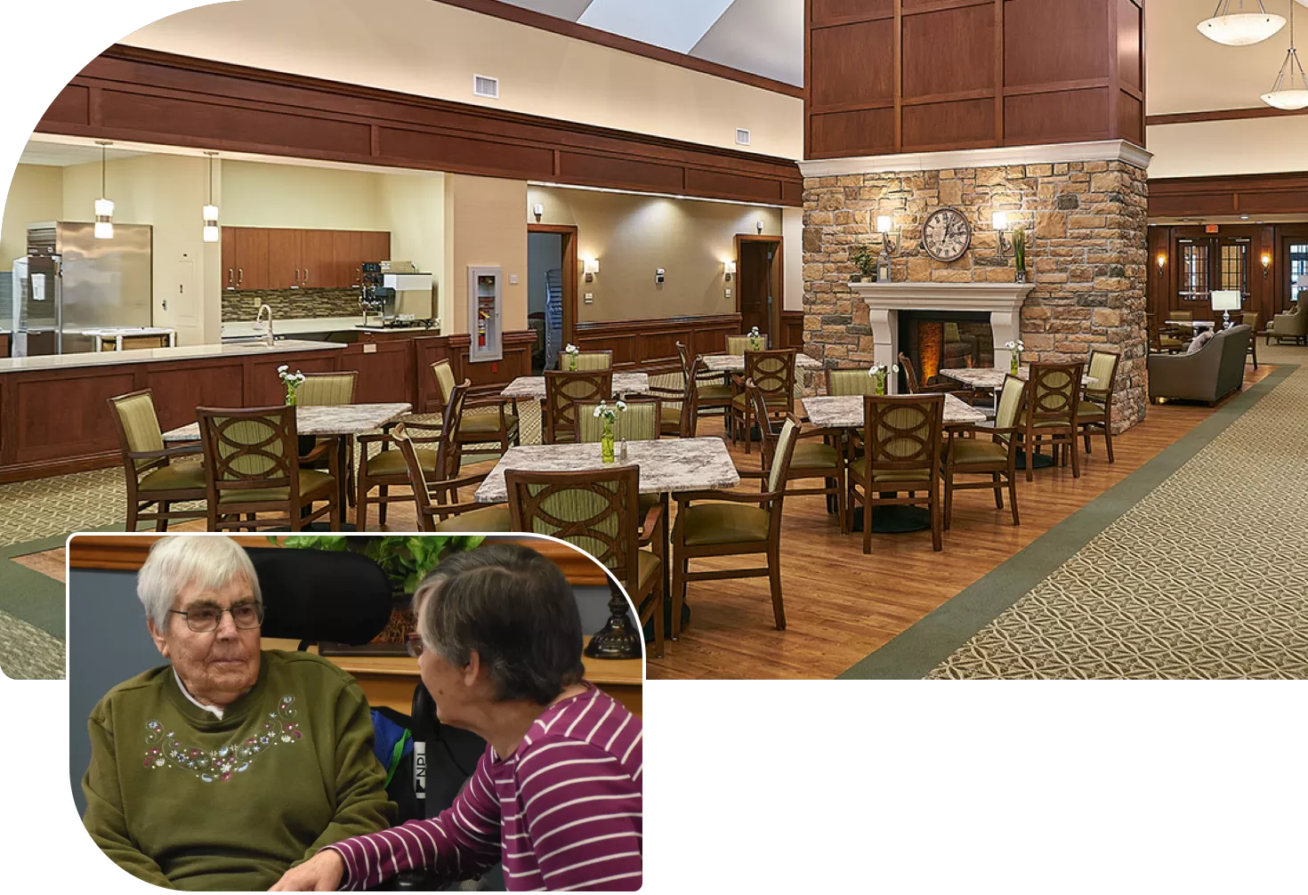 windsor-house-memory-care-header collage image of dining area with a fireplace, woman smiling outside