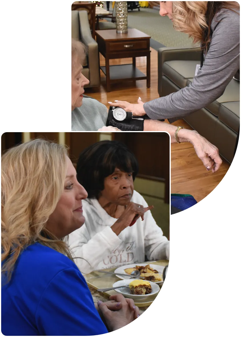 windsor-house-senior-healthcare-and-dining Nurse warmly talking to an elderly woman at Windsor House senior care community.