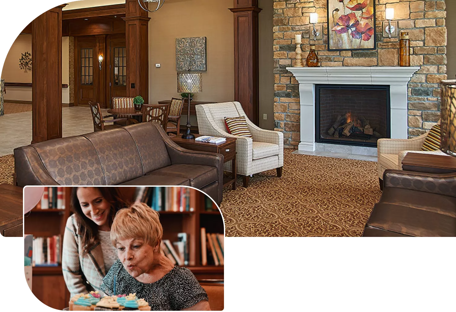 windsor-house-senior-healthcare-living-options Elderly woman blowing out candles on a cake, lounge area with fireplace