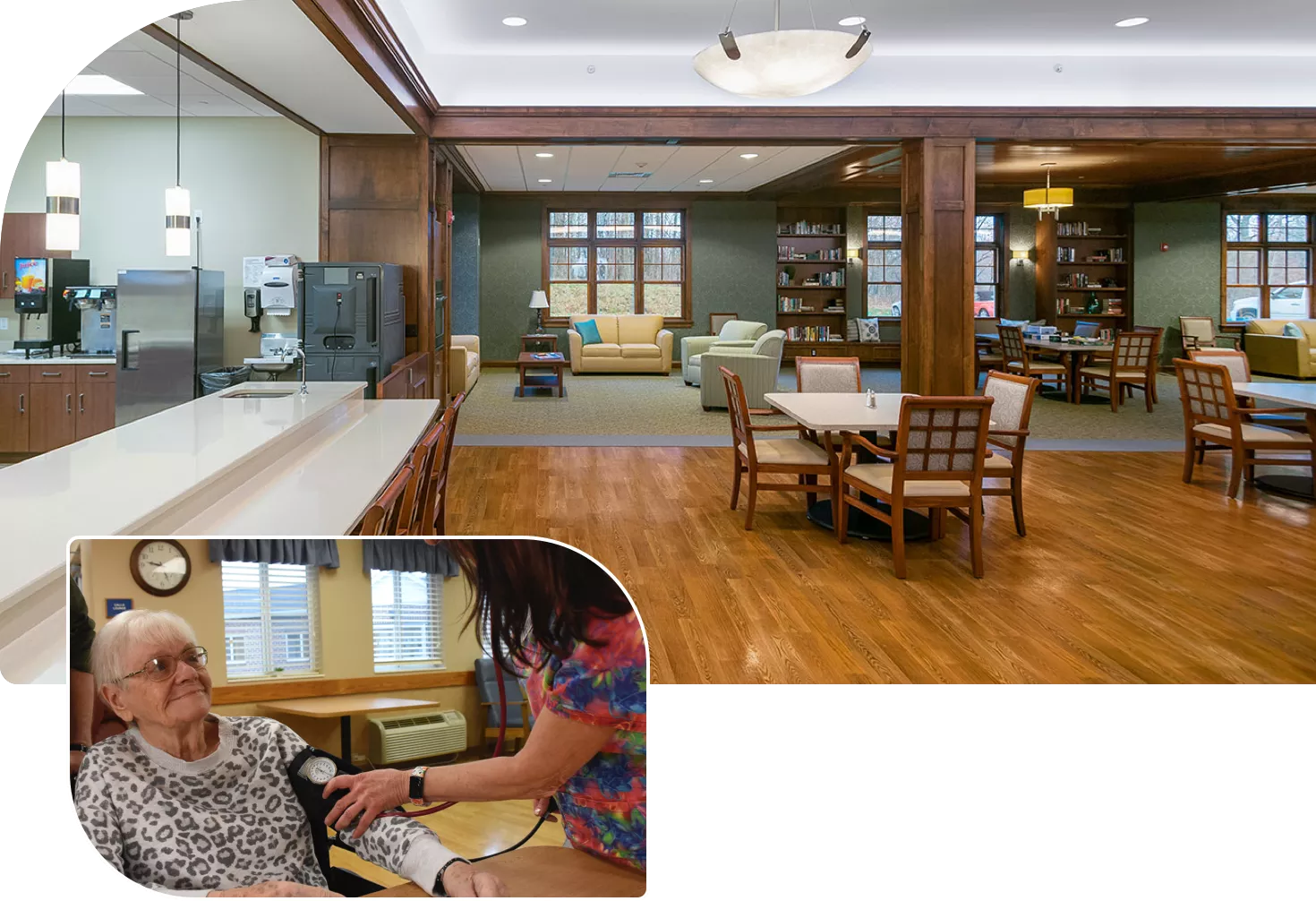 windsor-house-skilled-nursing Dining area with wood floors and wood trim and bookshelves in the back